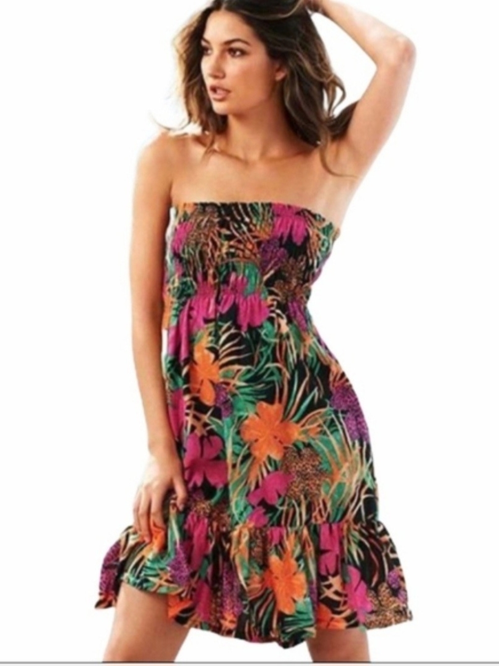 MODA International Strapless Smocked Ruffle Lined Floral Dress Women’s Medium